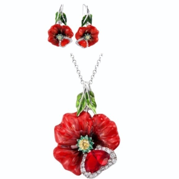 Floral Enamel Pendant Necklace set Red Zircon Silver Chain Dangle Earrings - Picture 1 of 11